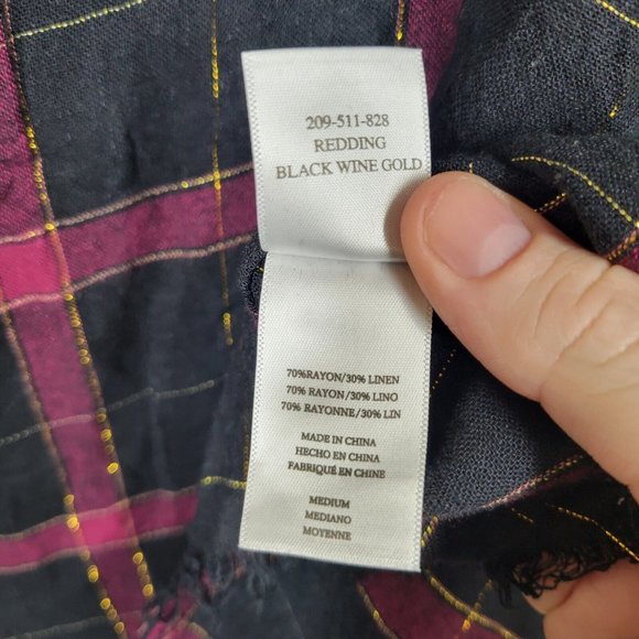 Rails Redding Plaid Top Black Wine Gold Medium Rayon Linen Half Button - Picture 5 of 7